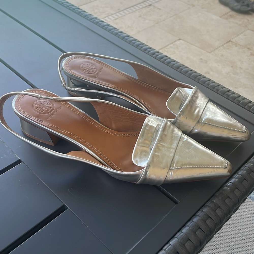 Tory Burch silver slingback block heels